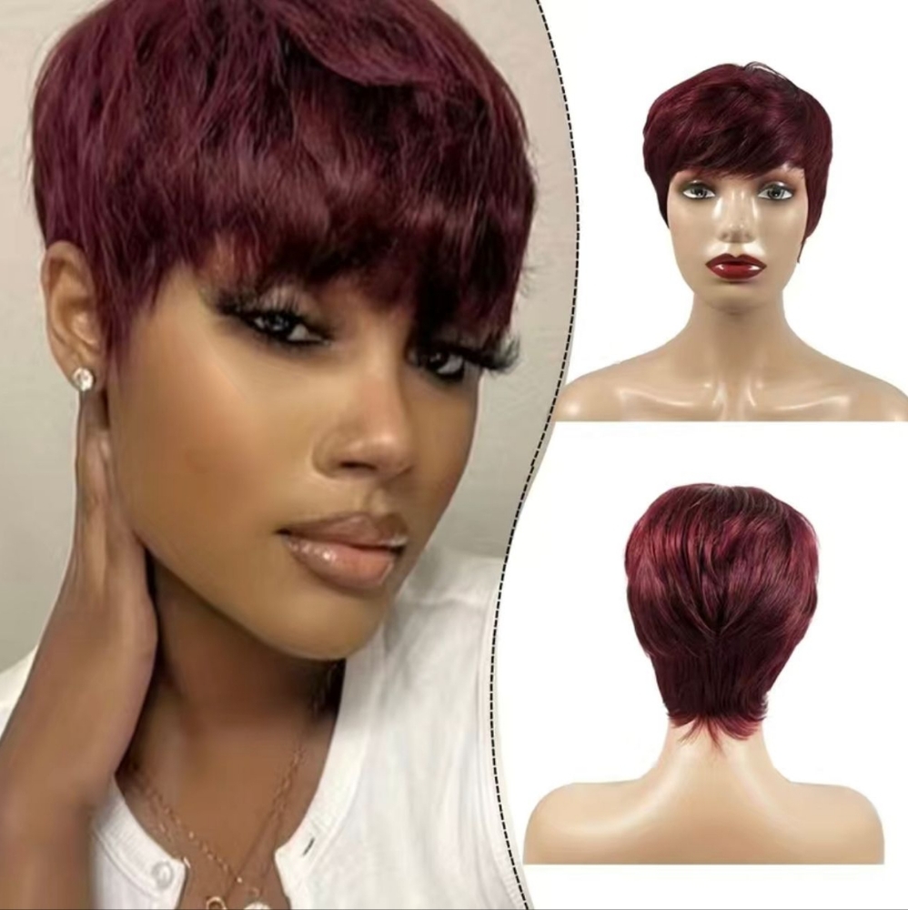 6” Short Pixie Cut Human Hair Wig With Bangs in Burgundy